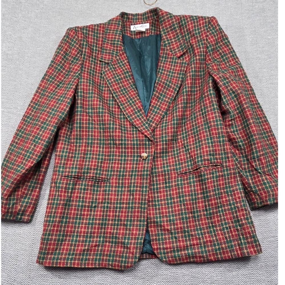 Alison Craig Vintage Plaid Wool Blend Blazer Red Green Gold 3743MC 1 Size 14